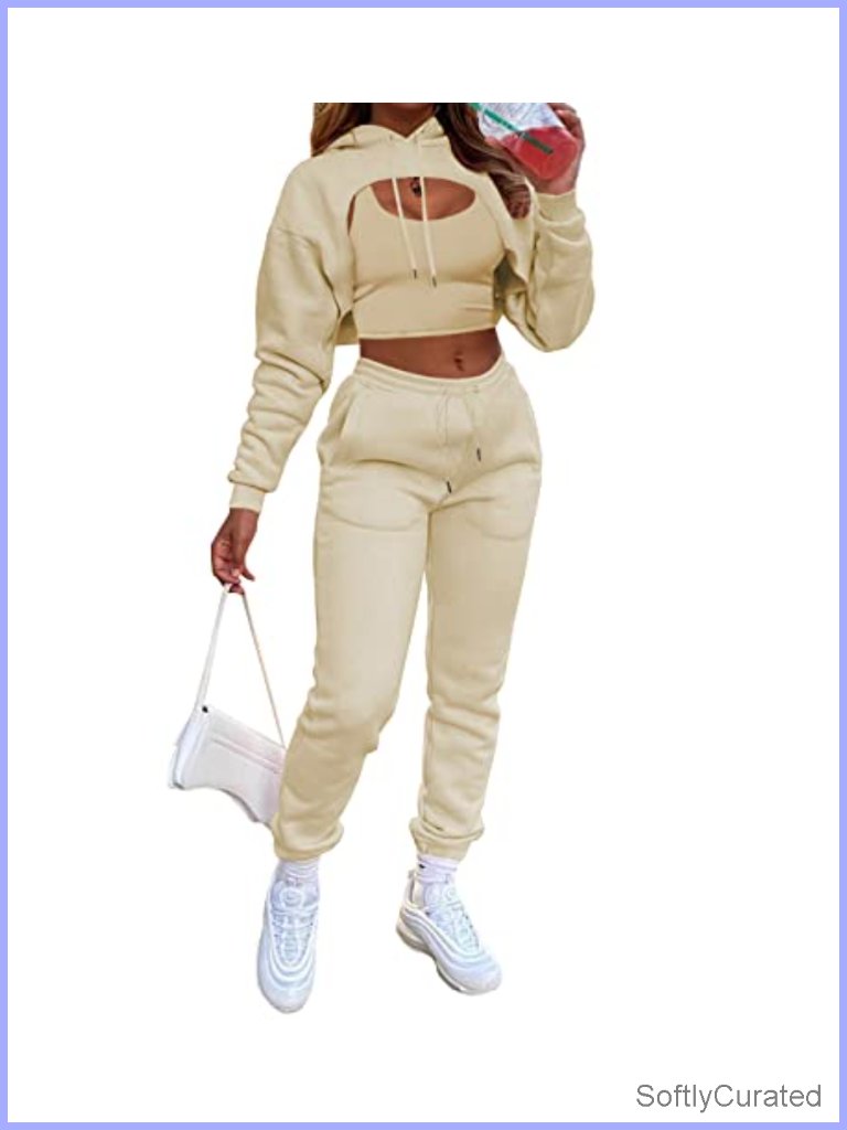 3 Piece Tracksuit Long Sleeve Crop Hoodie Tank Top Drawstring Jogger Pants Set